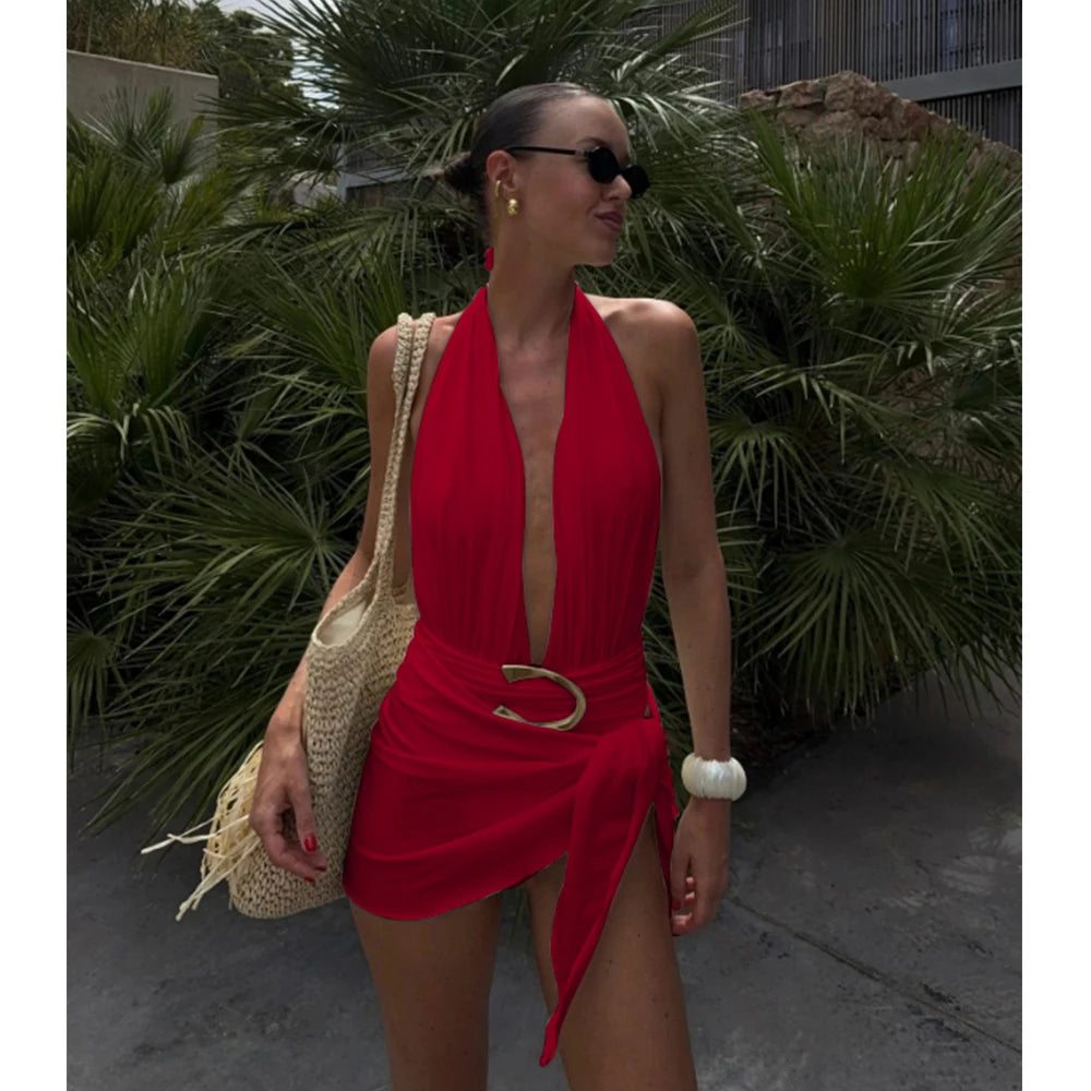 Two-Piece Swimsuit with Plunging Neckline Halter Top Swimwear with SSwiikirt cover-up