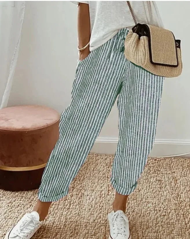 !0 colors, Casual Loose, Striped, Drawstring Elastic Waist Pants With Cuffs and Pockets