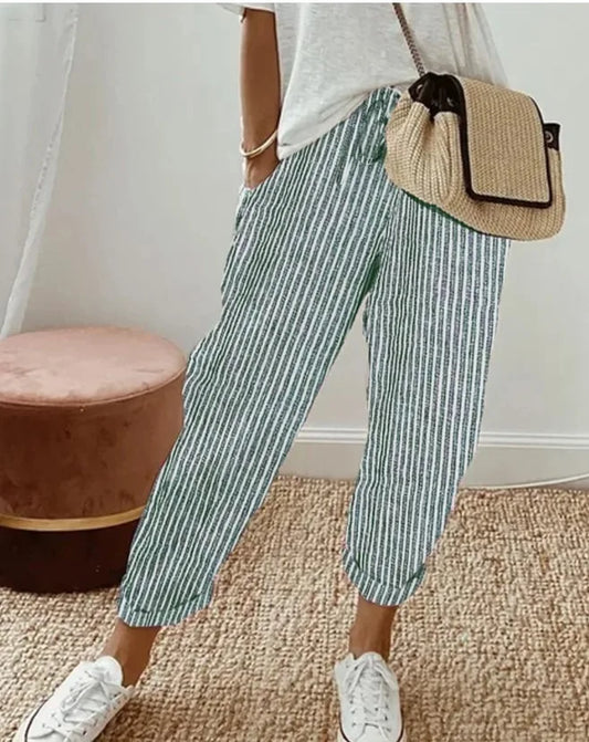 !0 colors, Casual Loose, Striped, Drawstring Elastic Waist Pants With Cuffs and Pockets