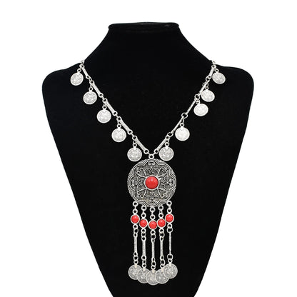Bohemian Black Blue Stones, Coin tassel Necklace Turkish Gypsy Boho