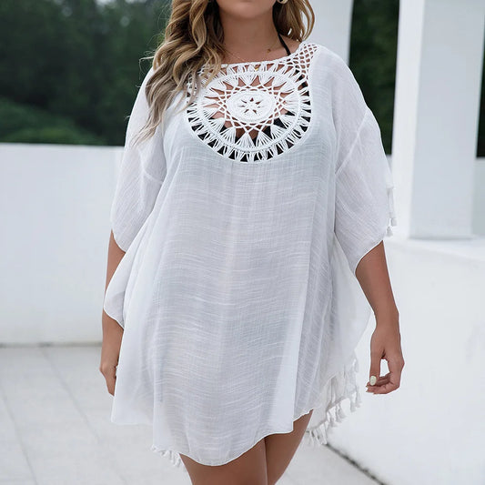 To 3XL CROCHET BIKINI-Plus Size Beach Tunic for Women, Swimwear, Sun Protection Clothes, Cover Up Swim Dress