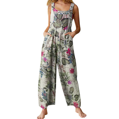 Floral Print, Square Neck, Sleeveless, Casual Overalls with Pockets
