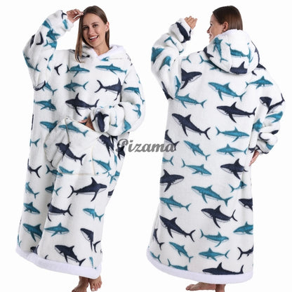 Super Long Flannel Pullover Night Shirt with Pocket and Hood, Super Snuggly for Men and Women, 12 Different Prints