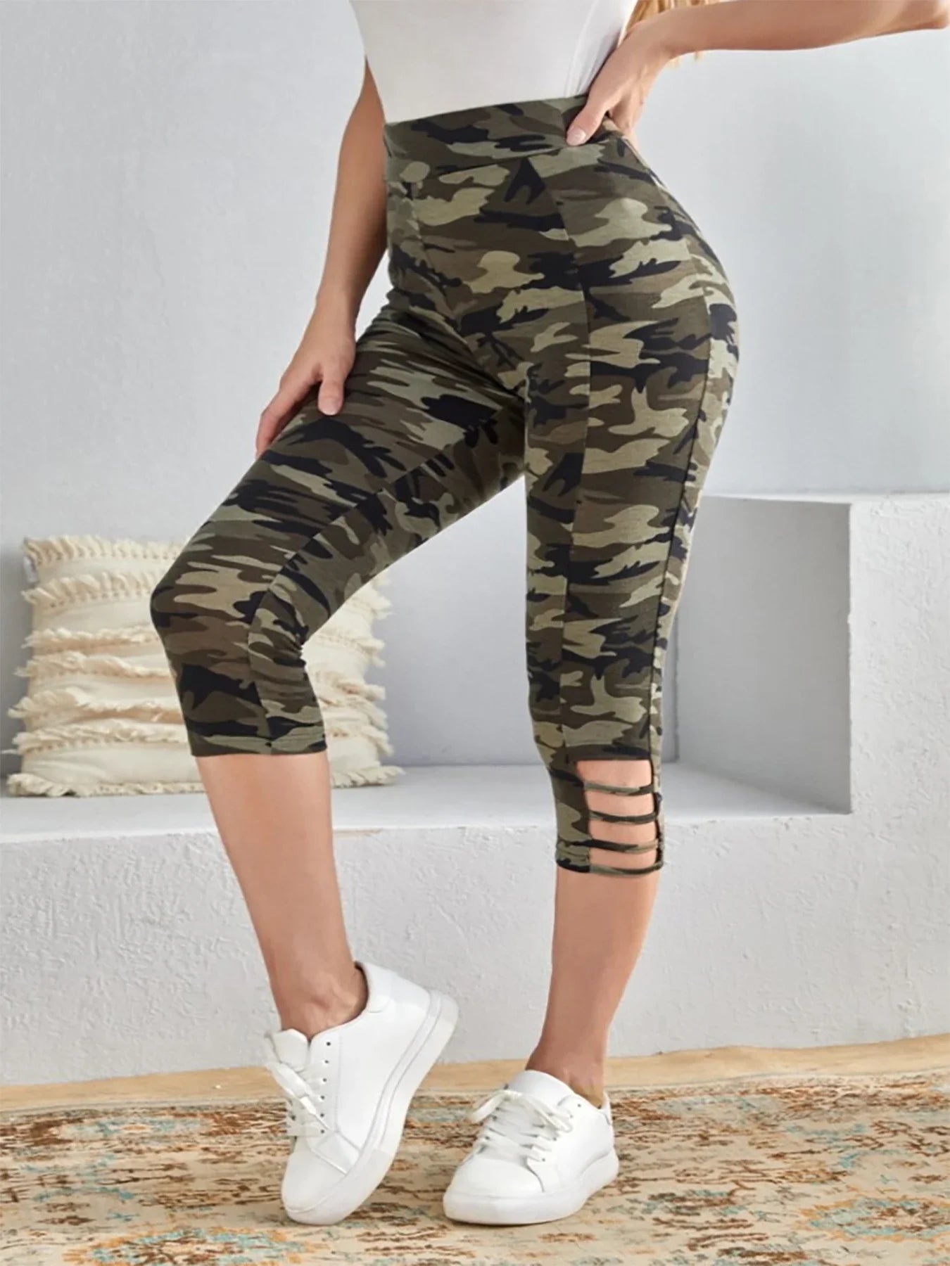 Plus Size to 4XL Women's Camo Capri Leggings with Side Stripe Cutouts High Elasticity Knit
