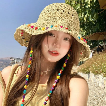 Weaved Bohemian Wide floppy Brimmed Bucket Hats with beads