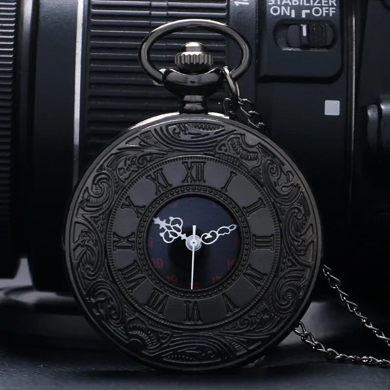 Vintage Charm Black Unisex Fashion Roman Numeral Quartz Steampunk Pocket Watch with Necklace chain
