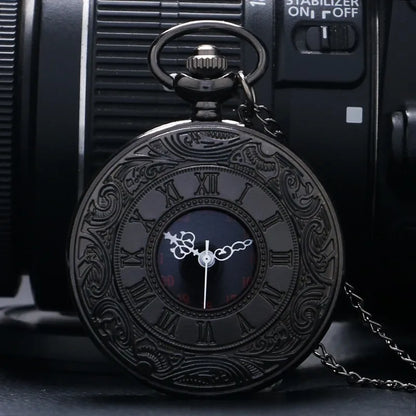 Vintage Charm Black Unisex Fashion Roman Numeral Quartz Steampunk Pocket Watch with Necklace chain