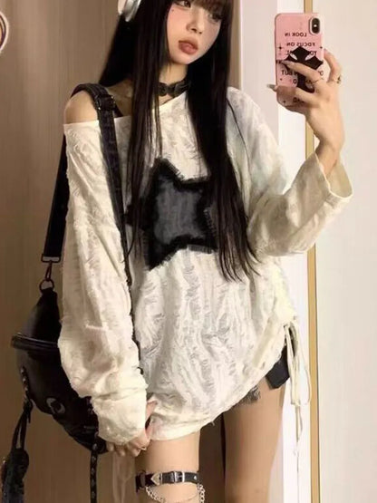 Thin T-Shirt with Oversized Neck, Drawstring Bottom, Long Sleeve, Long length, Baggy