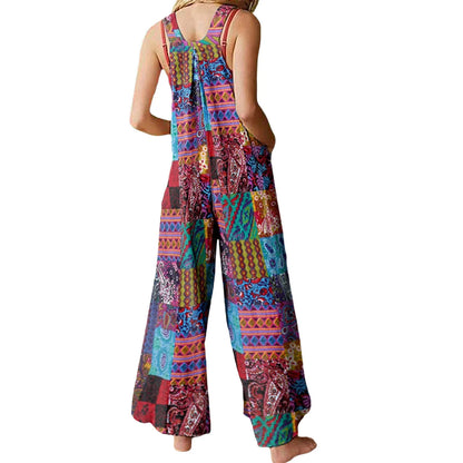 Sizes to 5XL!!!  Captivating Boho Overalls, Multicolor, Square Neck, Sleeveless Casual Jumpsuit with Pockets