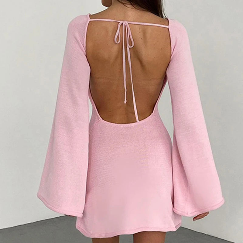 Backless Round Collar Cover-Ups Sheer Beachwear Stylish Horn Sleeve Wrap Dress