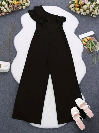 High-End Black Jumpsuit Slanted Shoulder Ruffle Edge Cinched Waist Slimming Effect Wide Leg Pants