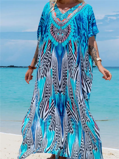 Plus Size Women's Plus Size Moroccan Print V-Neck Batwing Kaftan in 8 Designs