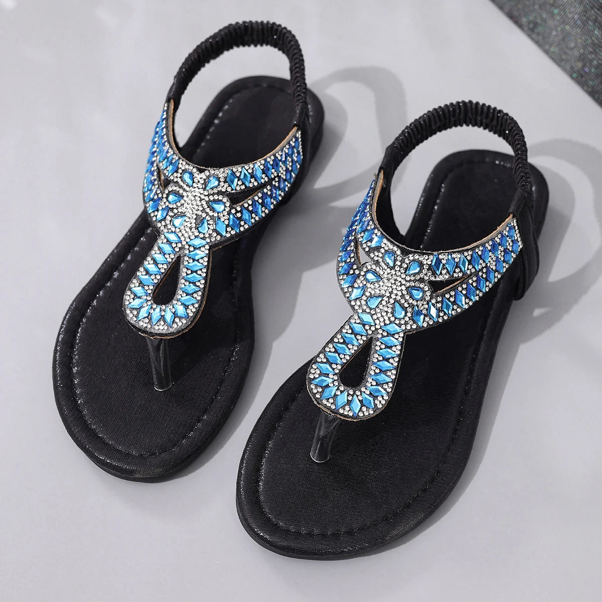 Boho Style Crystal Clip Toe Flat Sandals Back Elastic Strap