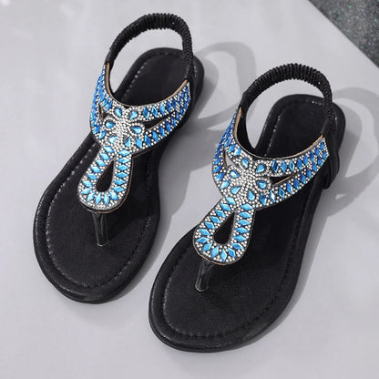 Boho Style Crystal Clip Toe Flat Sandals Back Elastic Strap