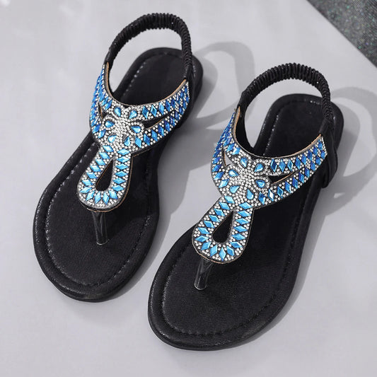 Boho Style Crystal Clip Toe Flat Sandals Back Elastic Strap