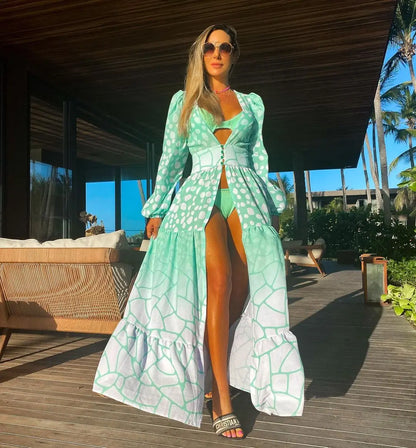 Chiffon Tie Robe with Large Swing Ruffles and Puff Sleeves