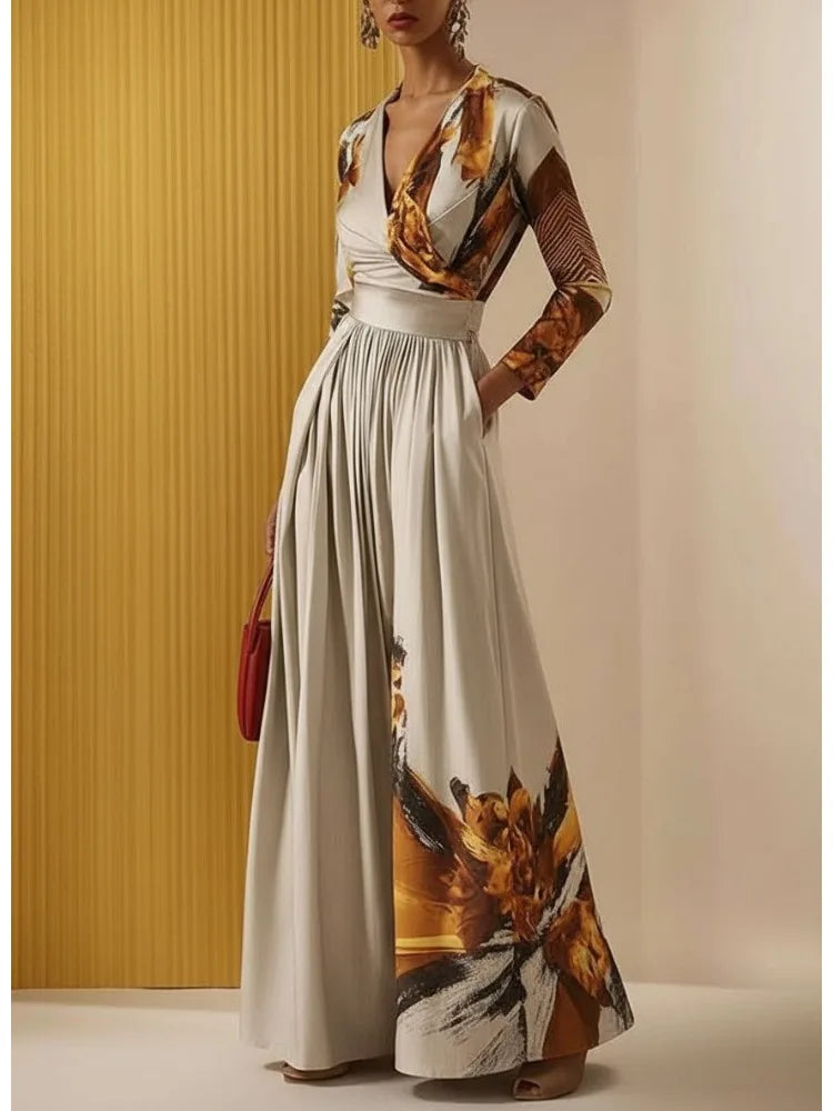 Sizes to 2XL Women's Slim Fit Jumpsuit V-neck Long Sleeves High Waist and Extra Wide Legs