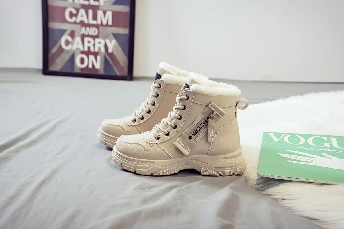 Short Snow Boots, Anti‑Slip, Warm Fur Lined, Lace-Up Casual Ankle Boots, Come in Black, White, Tan