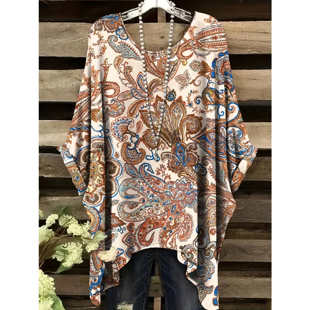 30 Different Style Bohemian Floral Tunics Plus Size to 3XL, 30 Vibrant Colors, Open Round Neck, Hankie Hem, Loose baggy sleeves