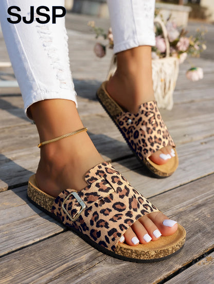 Open-Toe Sandals, Brown Cork Sole Sandals, Leopard Print Slides with Adjustable Buckle Straps