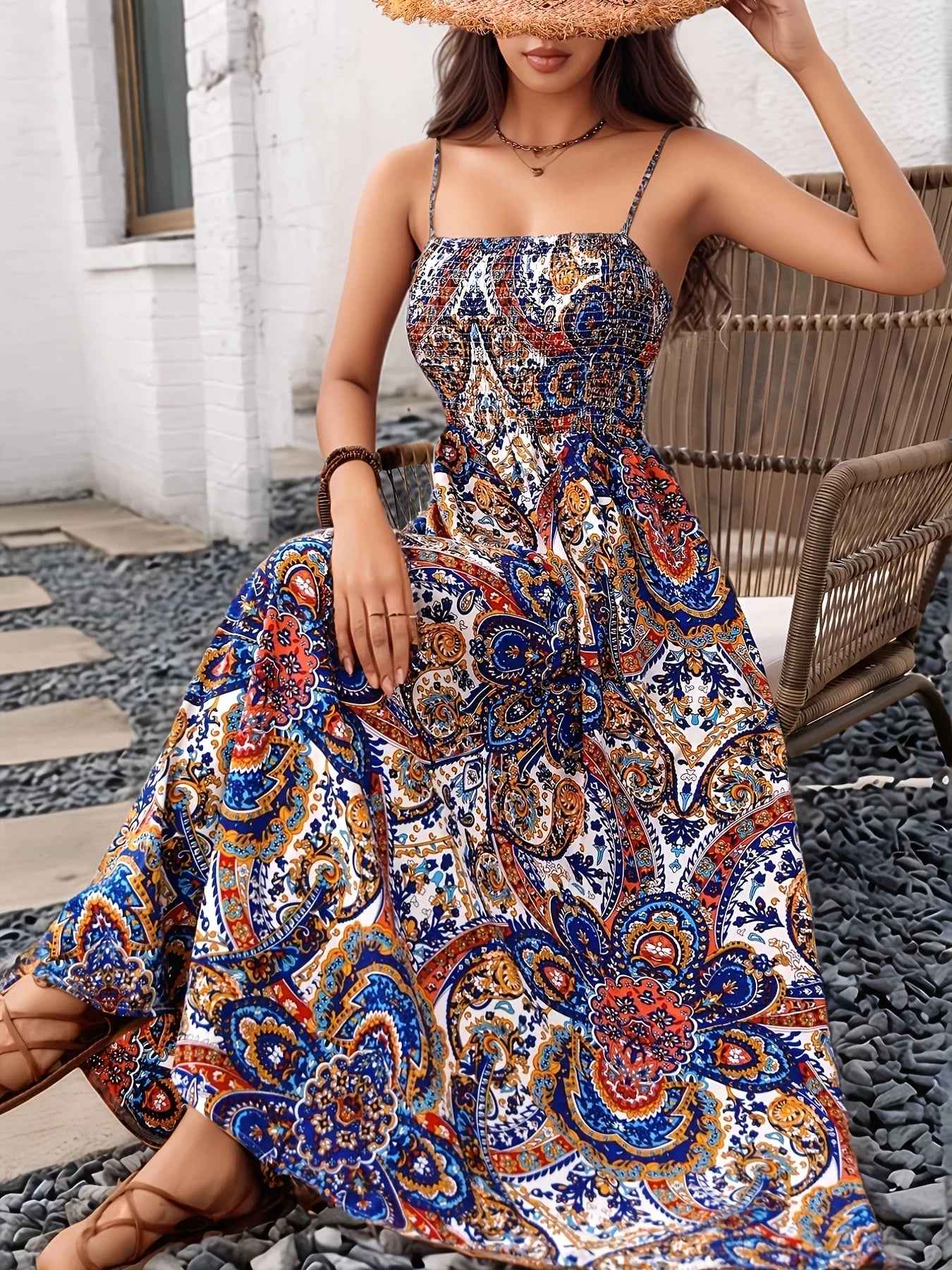 Paisley Print Swept Waist Spaghetti Straps Maxi Dress sizes to 2XL