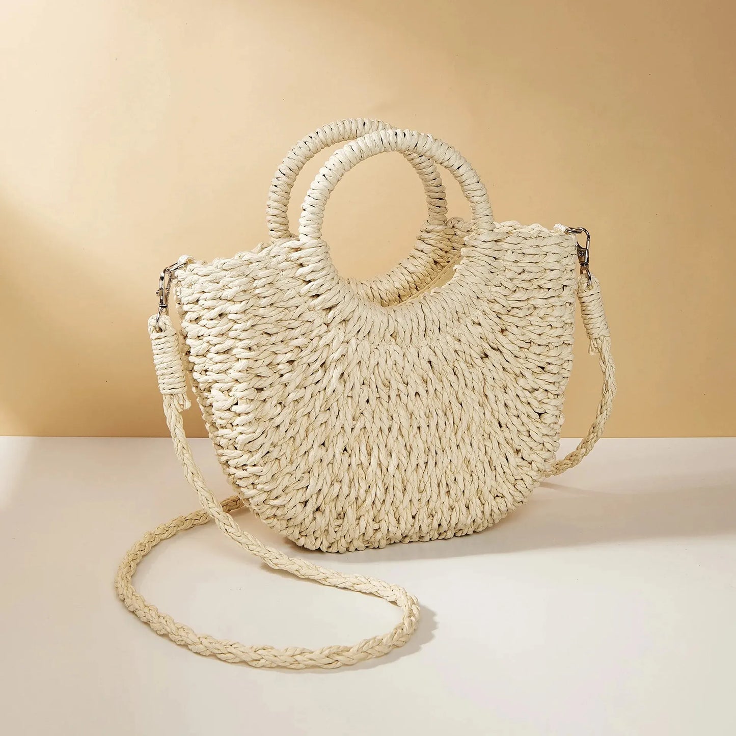 Handwoven Straw Rattan Half-Moon Beach Handbag or Crossbody Shoulder Bag. 4 other colors