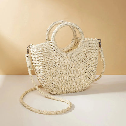 Handwoven Straw Rattan Half-Moon Beach Handbag or Crossbody Shoulder Bag. 4 other colors
