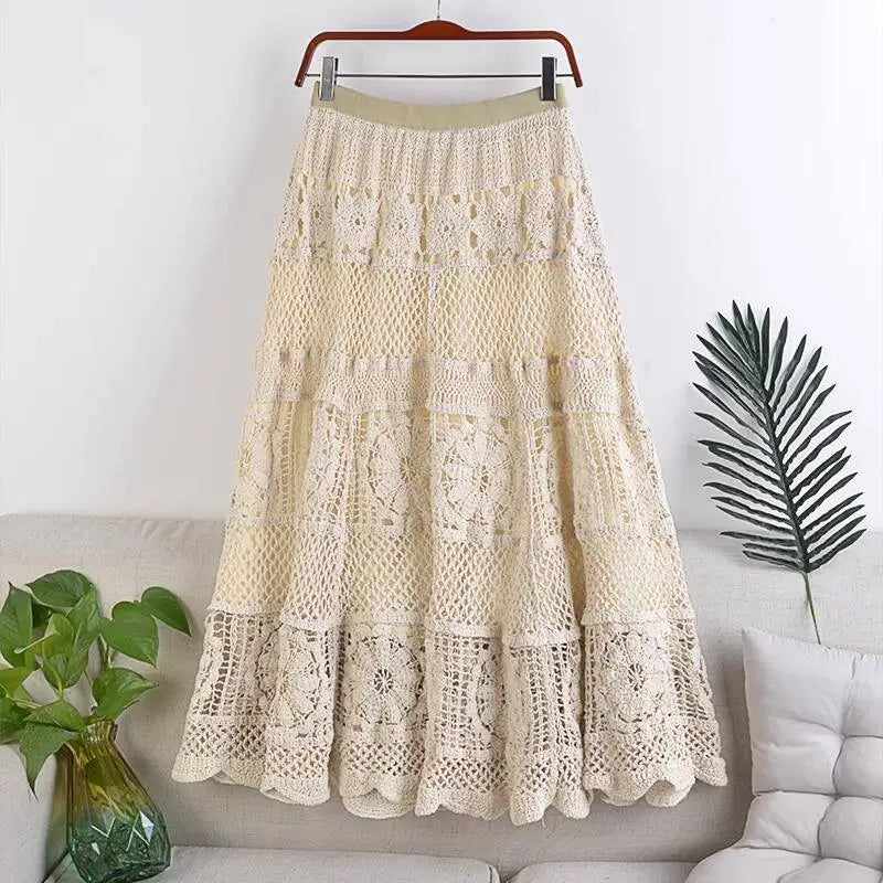 French Chic Retro Boho Crochet Maxi Skirts Women Openwork Hollowed Out Lace Elastic Waist