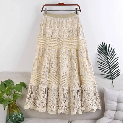 French Chic Retro Boho Crochet Maxi Skirts Women Openwork Hollowed Out Lace Elastic Waist