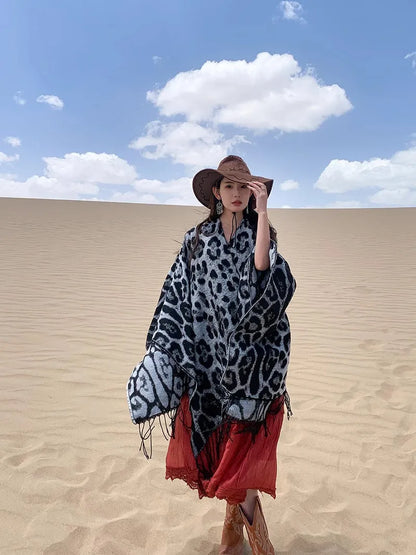 Vintage Boho Leopard Print Soft Over-the-Head Cloaks With Tassels