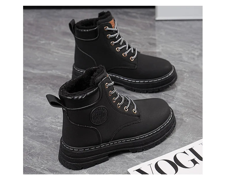 High Top Work Boots, Thick Soled, Lace-Up, Anti-Slip Warm Waterproof Women's Boots in Black and Marigold