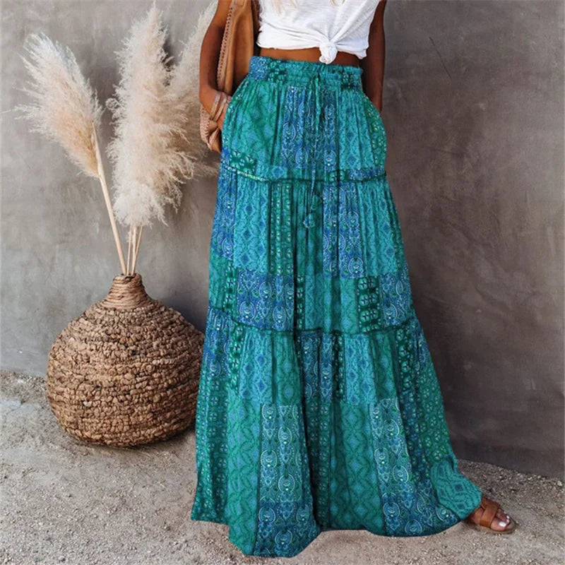 Bohemian Long Skirt with  Elastic High Waist, Tiered A-line with Pockets