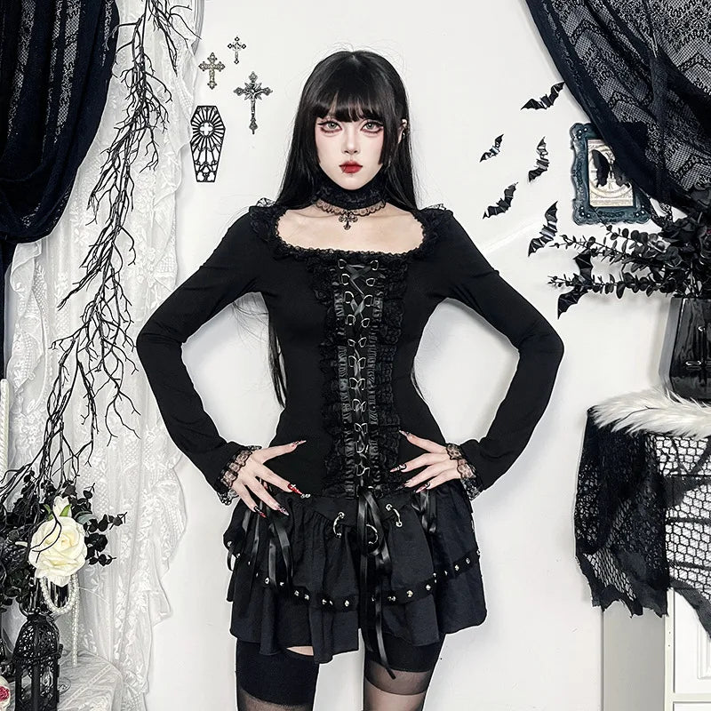 Goth Black Lace Trim Long Sleeve Vintage Sexy Lace-up Top with Choker Cross