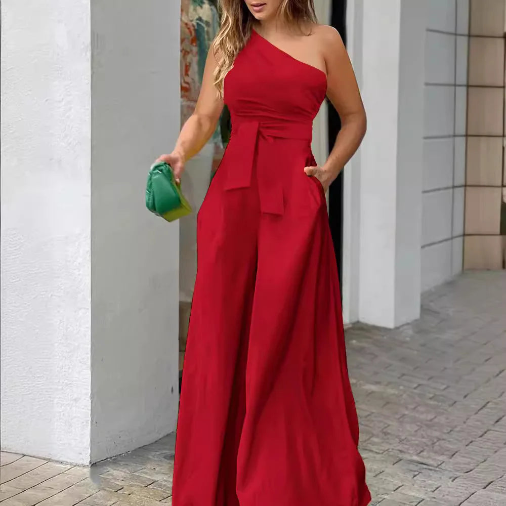 Off-The-Shoulder Casual High Waisted Extremely Wide Leg Casual or Dressy Jumpsuit Comes in 4 Colors