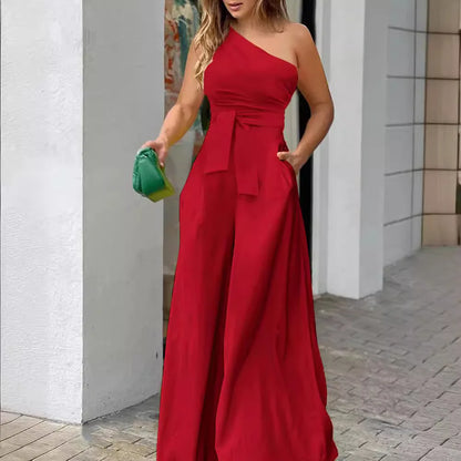 Off-The-Shoulder Casual High Waisted Extremely Wide Leg Casual or Dressy Jumpsuit Comes in 4 Colors