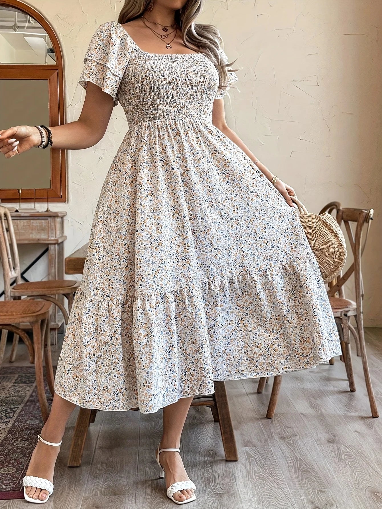 Boho Floral Print, Sizes to 4XL, Square Neck, High Elastic Waist, A-Line Short Bell Sleeves, Elastic Top, Midi Dress