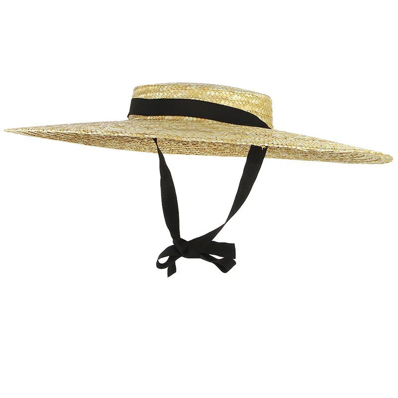 Big Natural Straw Hats, Wide-Brim Sun Visor Caps, Elegant Flat Top, Long Ribbon Tie