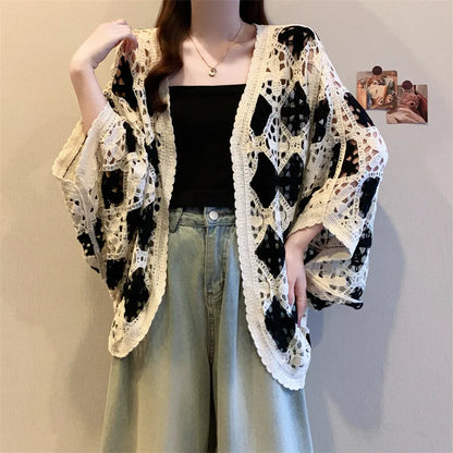 Bohemian Style Hollowed-out Long Sleeve Light Weight Sweater with V Neck and Batwing Sleeves