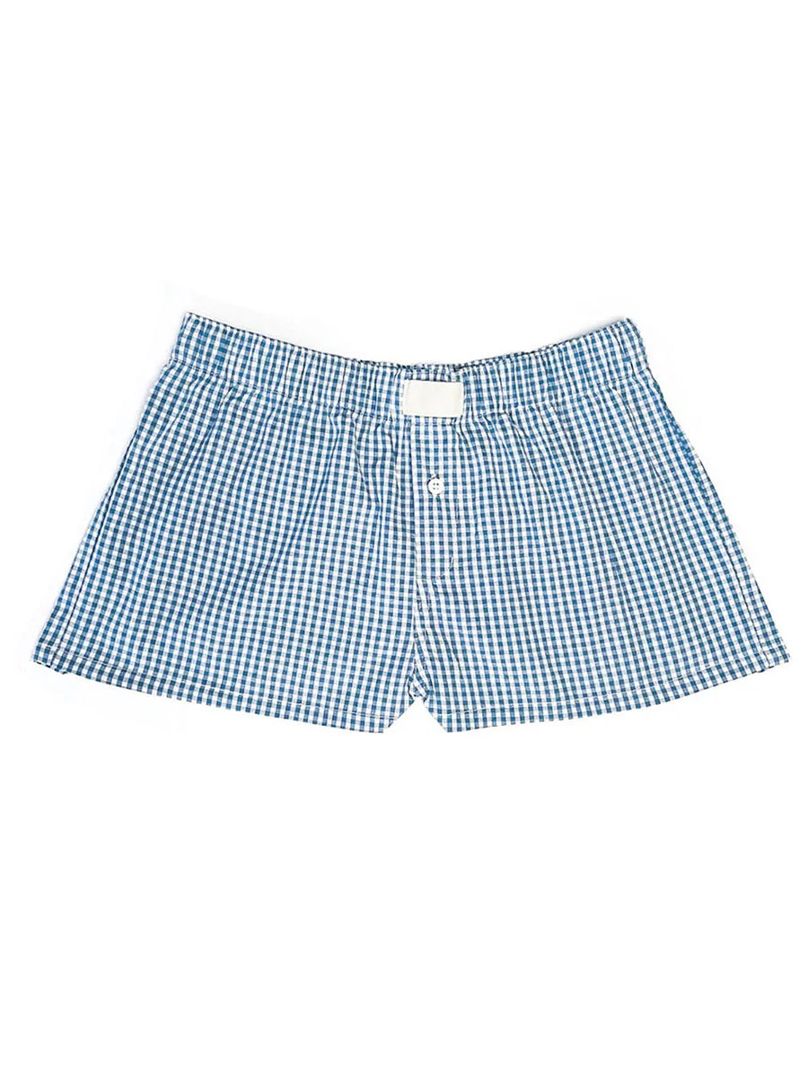Retro Plaid Print Elastic Low Waist Button Front Loose Boxers