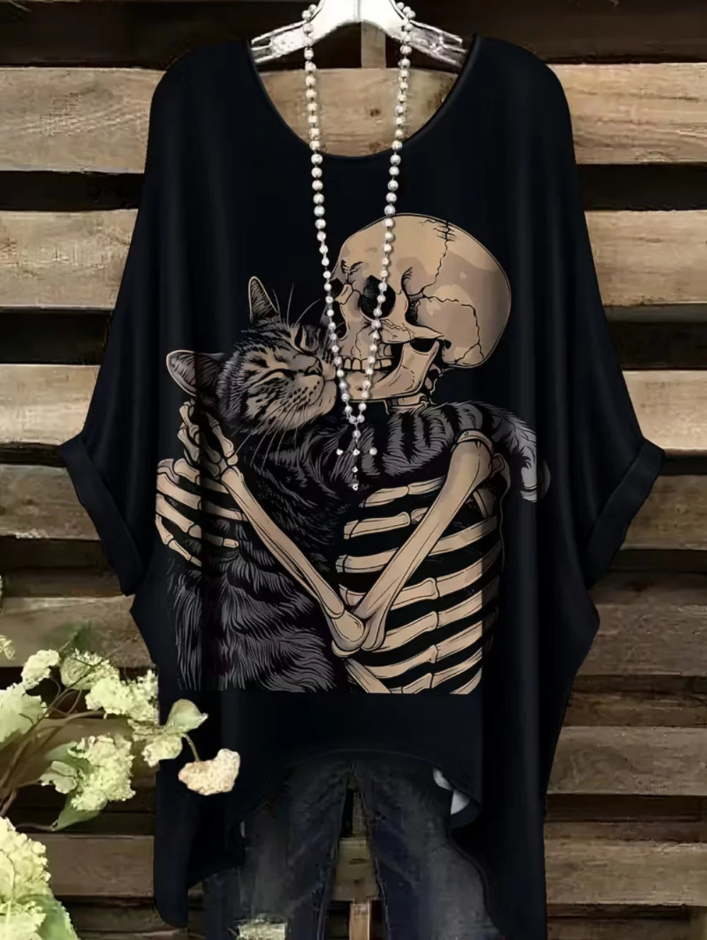 Sizes to 3XL Bohemian Skull Print Loose T-shirt Irregular Hemline O-Neck Short Sleeved Oversize Various designs