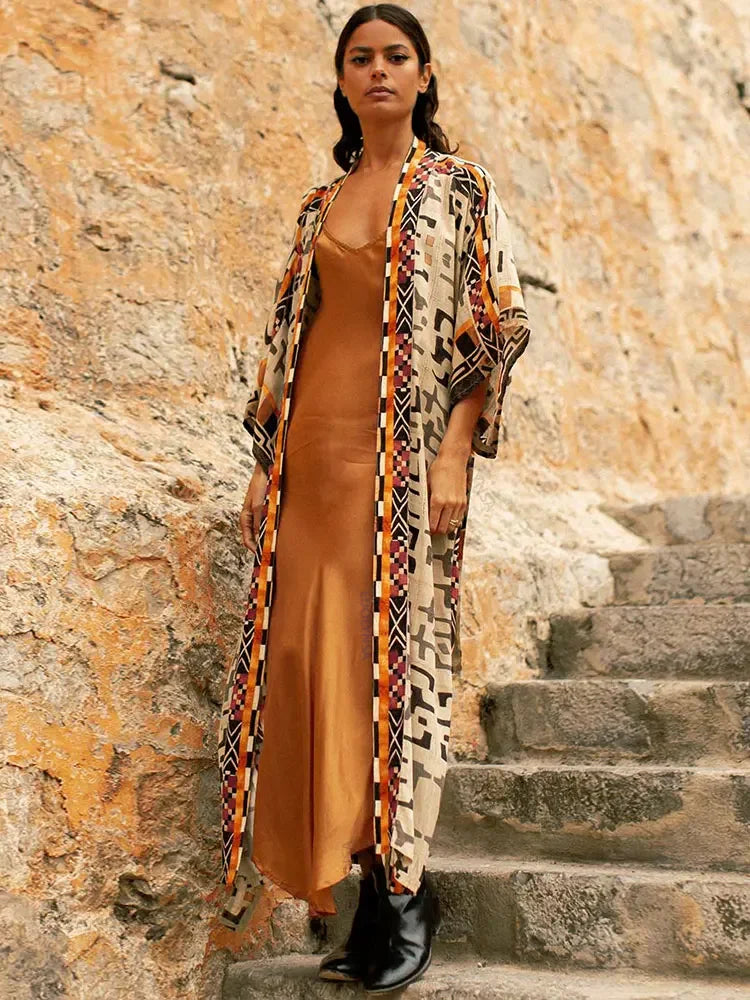 Bohemian Printed Cover-ups Elegant Belted Kimono Plus Size