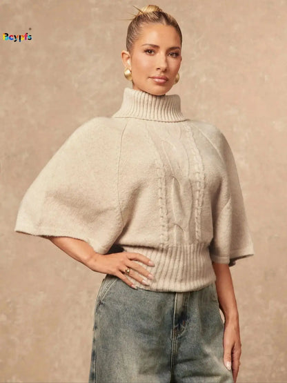 Beige Turtleneck Cable Knit Sweater with Short, Loose Batwing Sleeve, Loose Cropped Pullover