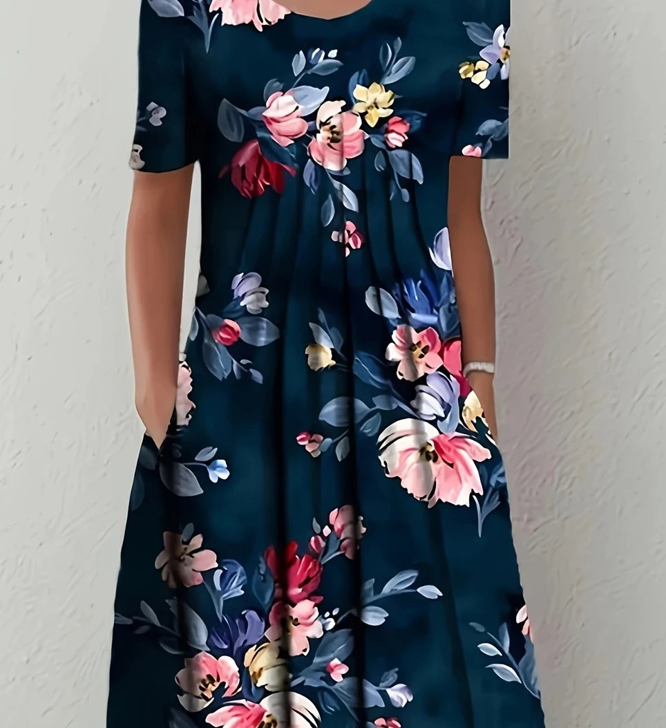 Loose Casual Floral Printed Dress with Pockets, Short Sleeves, and a Scoop Neck