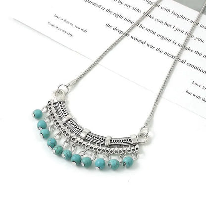 Retro Ethnic Blue Turquoise Bead Tassel Necklace Simple and Versatile Collarbone Chain Tibetan Jewelry
