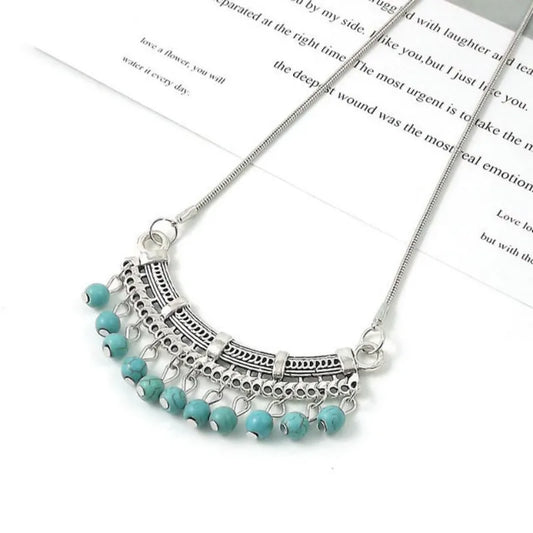 Retro Ethnic Blue Turquoise Bead Tassel Necklace Simple and Versatile Collarbone Chain Tibetan Jewelry