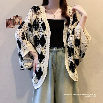 Bohemian Style Hollowed-out Long Sleeve Light Weight Sweater with V Neck and Batwing Sleeves