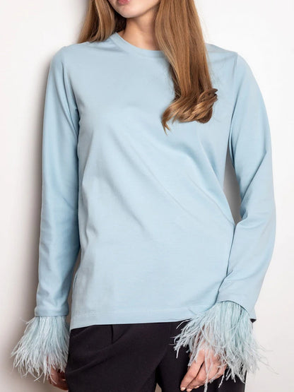 Chic T Shirt Spring Casual O Neck Solid Simple Loose Top split feathers on sleeves