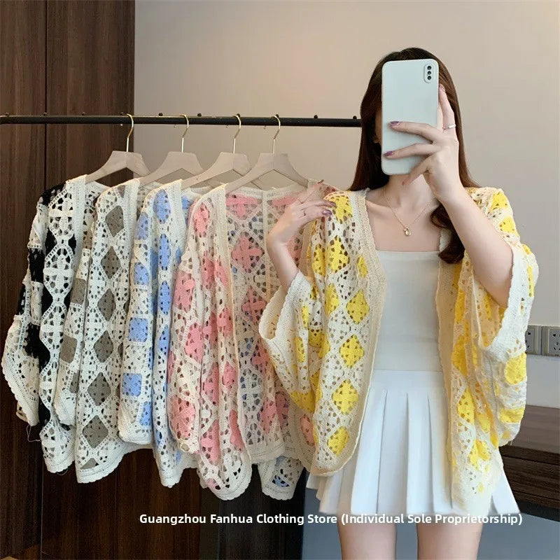 Bohemian Style Hollowed-out Long Sleeve Light Weight Sweater with V Neck and Batwing Sleeves