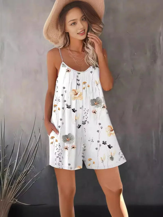 Sizes to 2XL, Boho Bib Shorts, Printed, Sleeveless Jumpsuit, Spaghetti Straps, 11 Different Designs