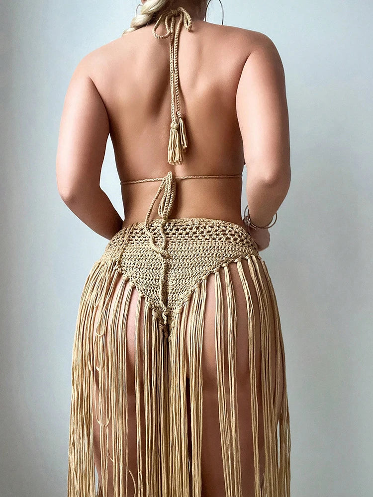 Floral Crochet Flower Halter Top with Long Tassels on Top and Long  Fringe on Bottoms, Tie Top and Bottoms